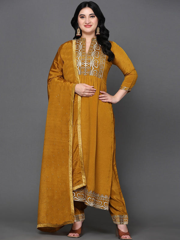 Ethnic Motifs Embroidered Sequined Pure Silk Kurta with Trousers & Dupatta WomensFashionFun.com