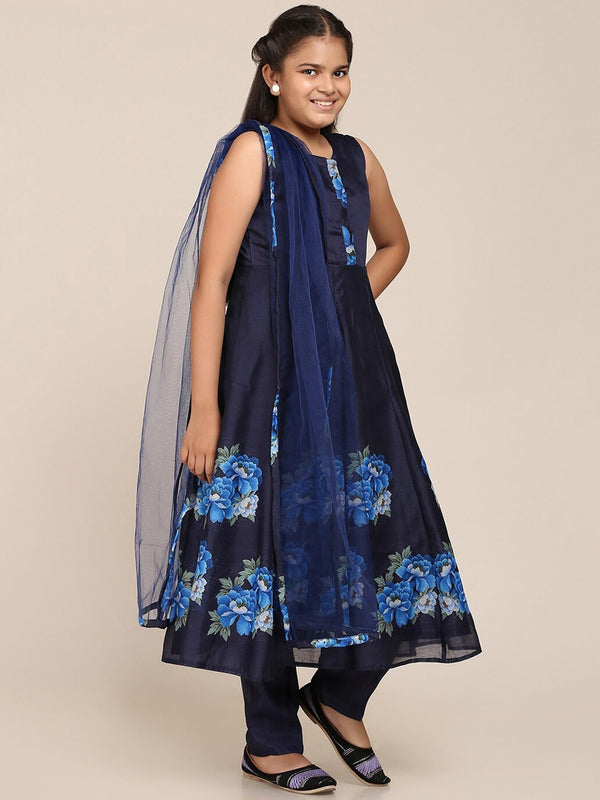 Girls Navy Blue Floral Printed Panelled Kurta with Trousers & With Dupattawomensfashionfun