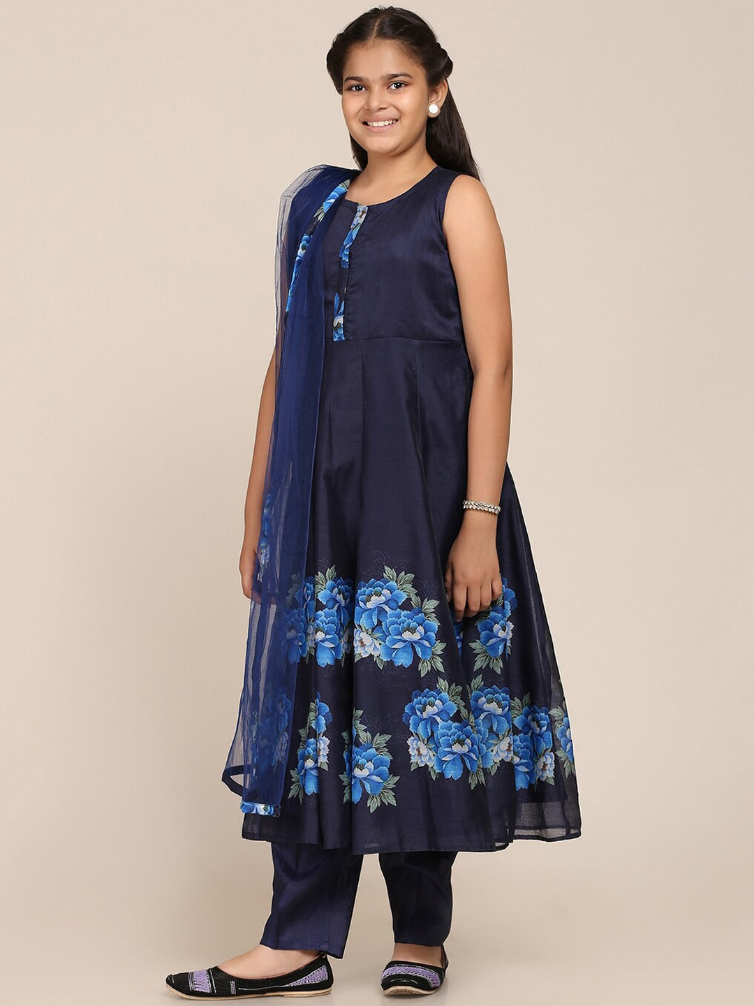 Girls Navy Blue Floral Printed Panelled Kurta with Trousers & With Dupattawomensfashionfun
