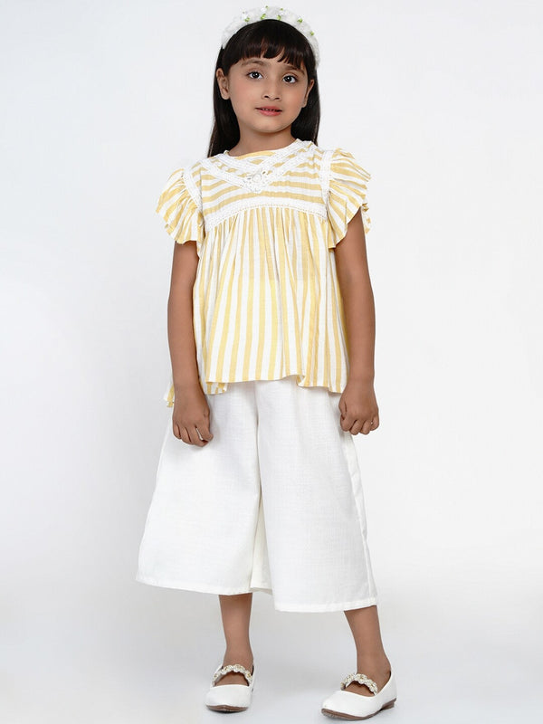 Girls Yellow & Off-White Striped Top with Capriswomensfashionfun