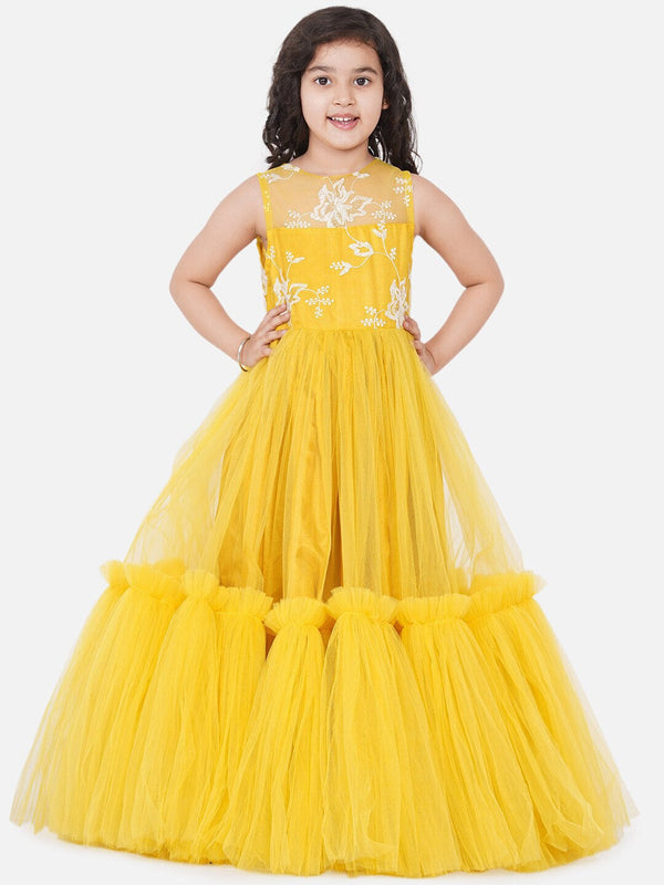 Girls Yellow Embellished Net Maxi DressWomensFashionFun.com