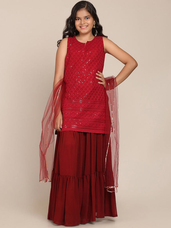 Girls Maroon Floral Embroidered Sequinned Kurti with Skirt & With DupattaWomensFashionFun.com