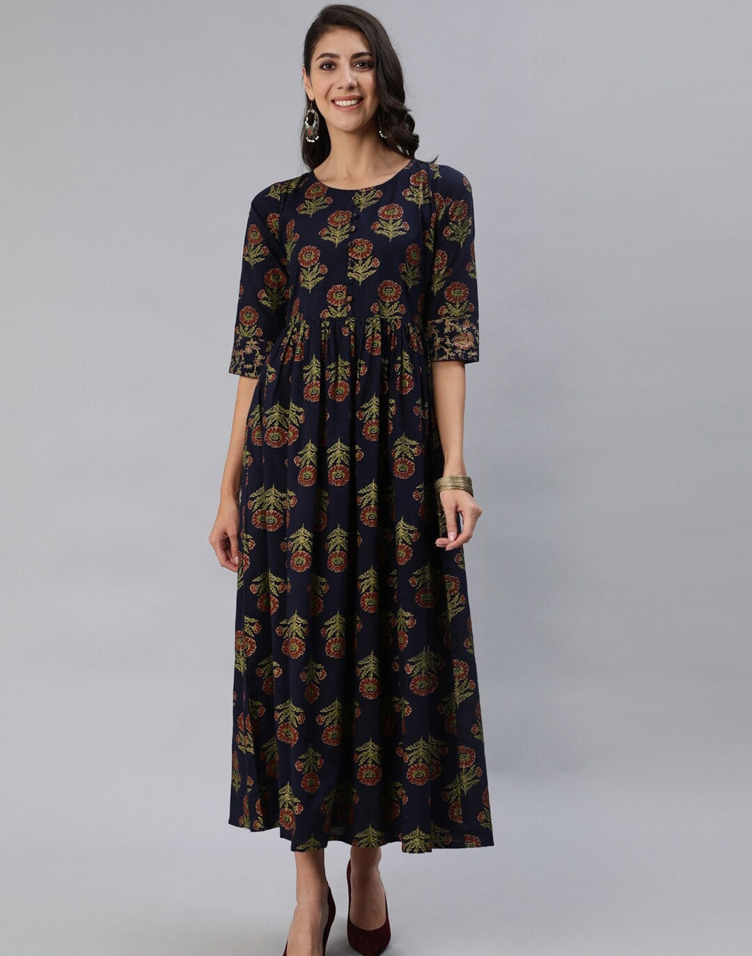 Women Navy Blue Printed Maxi Dress With Three Quarter Sleeves