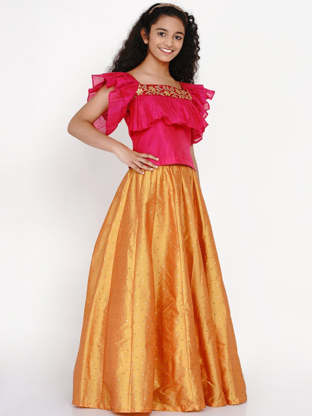 Girls Pink & Orange Thread Work Ready to Wear Lehenga & BlouseWomensFashionFun.com