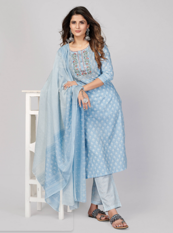 Women's Printed & Embroidered Straight Cotton Sky Blue Stitched Kurta Pant With Dupatta (3Pcs Set) | WomensFashionFun
