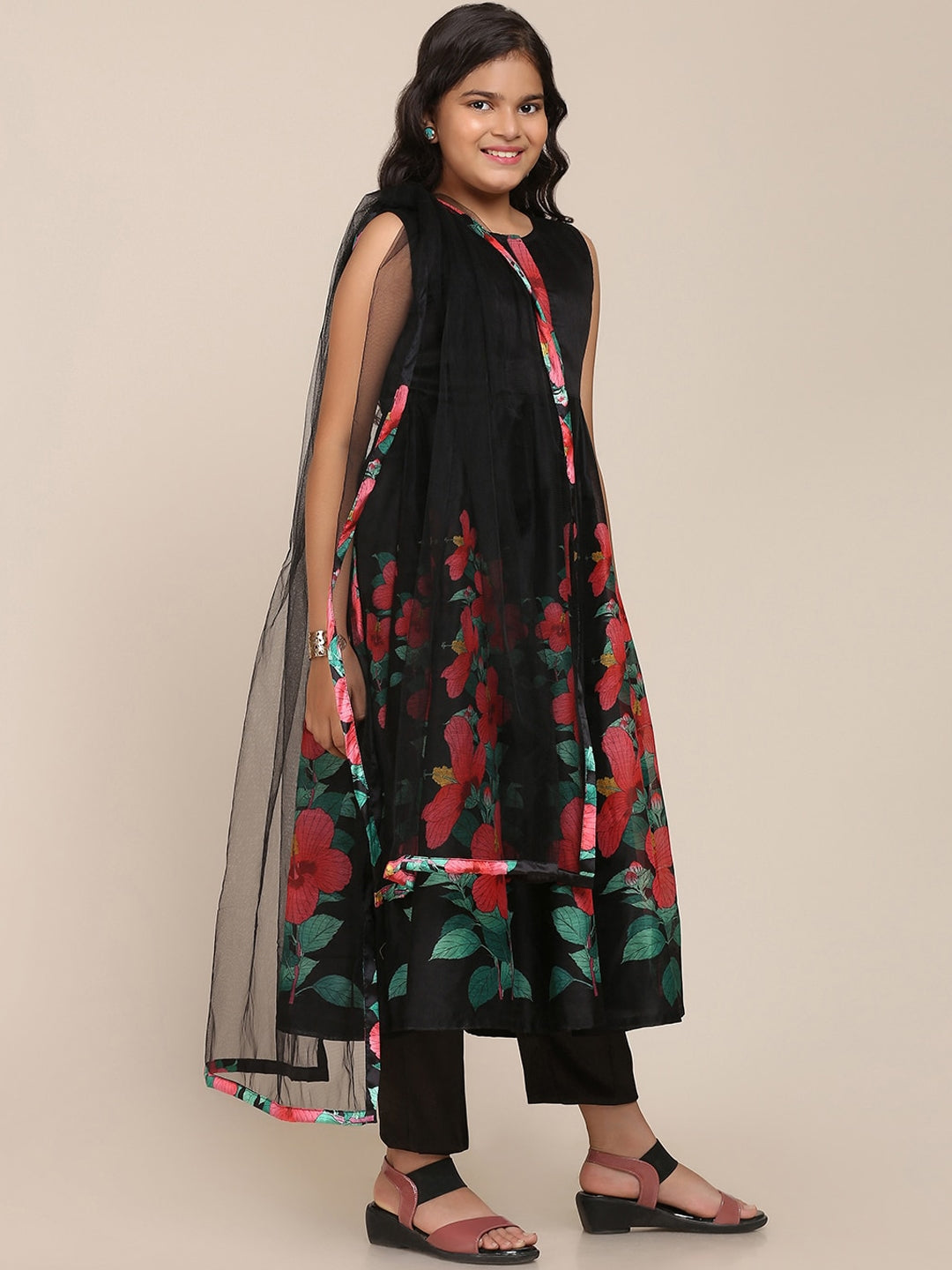 Girls Black Floral Printed Pleated Kurta with Trousers & With Dupattawomensfashionfun