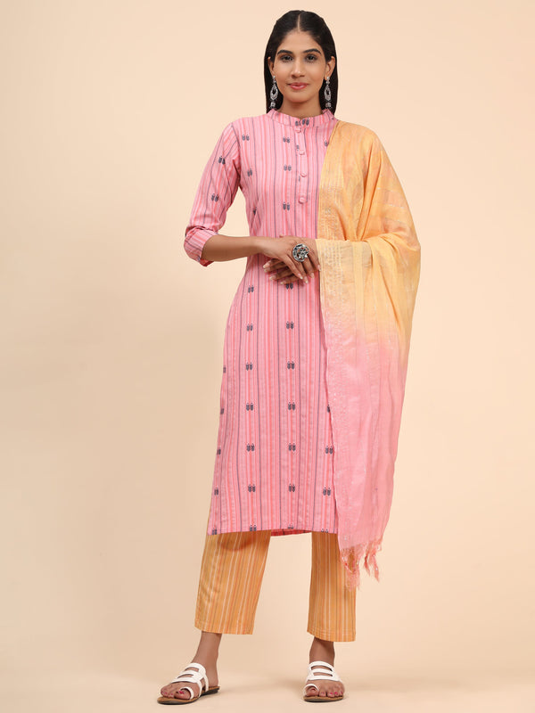 Women's Printed Straight Cotton Blend Baby Pink Stitched Kurta Pant With Dupatta | WomensFashionFun
