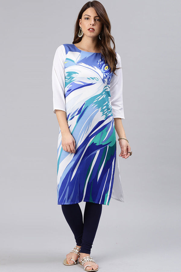 Blue & White Polyester Abstract Print Straight Kurta | WomensfashionFun.com