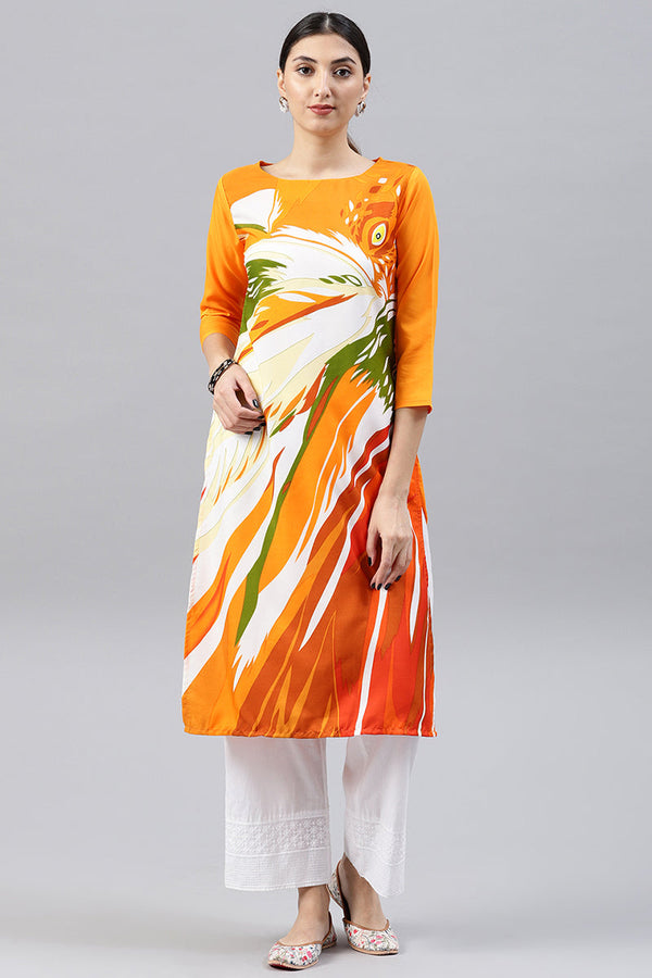 Orange & White Crepe Abstract Print Straight Kurta | WomensfashionFun.com