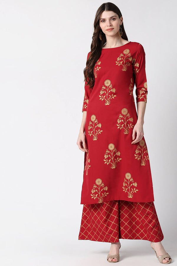 Red Polyester Floral Foil Printed Kurta Set  | WomensfashionFun