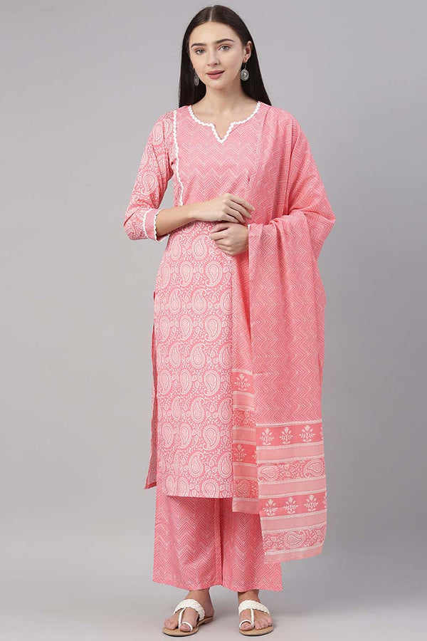 Pink Polyester Paisley Printed Straight Suit Set  | WomensfashionFun