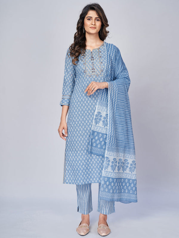 Women's Printed & Embroidered Straight Cotton Sky Blue Kurta Pant With Dupatta (3Pcs Set) | WomensFashionFun