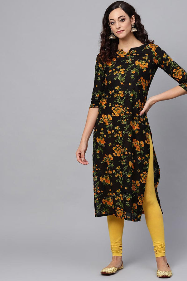 Regular Wear Rayon Blend Fabric Printed Black Color Simple Kurti | WomensFashionFun.com