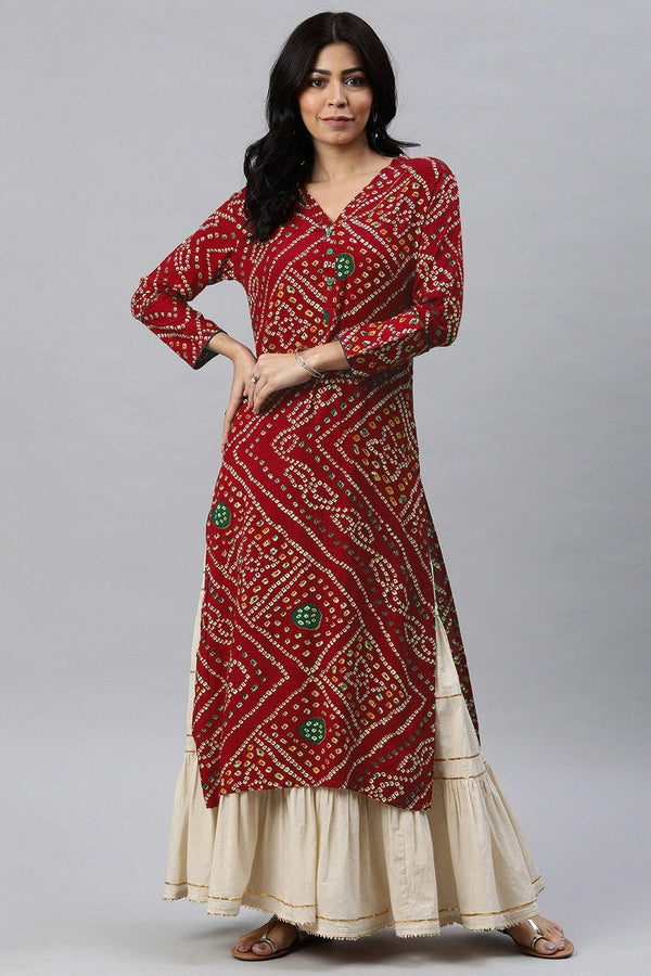 Rayon Blend Red And Beige Bandhani Printed Straight Kurta  | WomensfashionFun