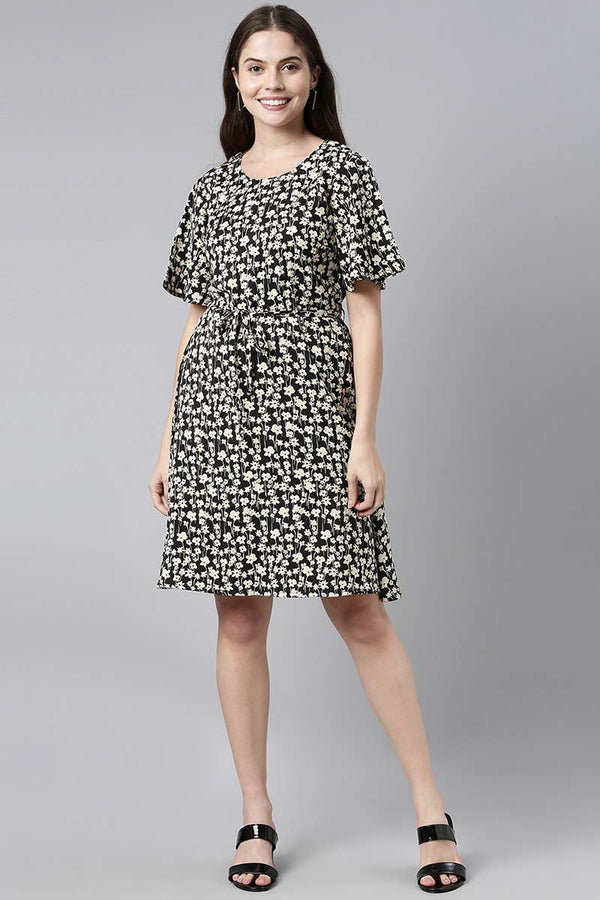 Black Georgette Floral Print Mini Dress | WomensfashionFun.com