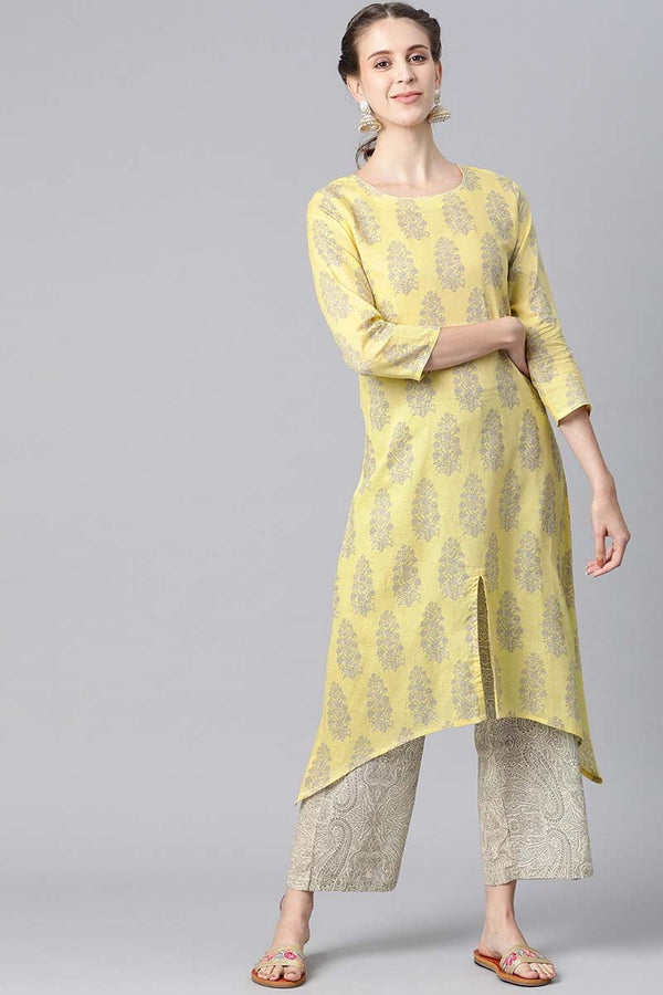 Yellow Pure Cotton Ethnic Motifs Kurta Set | WomensFashionFun.com