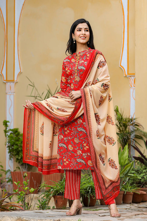 Red Color Cotton Fabric Printed Fancy Kurta And Palazzo Dupatta Set  | WomensfashionFun