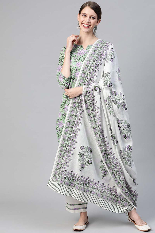 Women Cotton Green Ethnic Motifs Printed Straight Kurta Pant Dupatta Set  | WomensfashionFun
