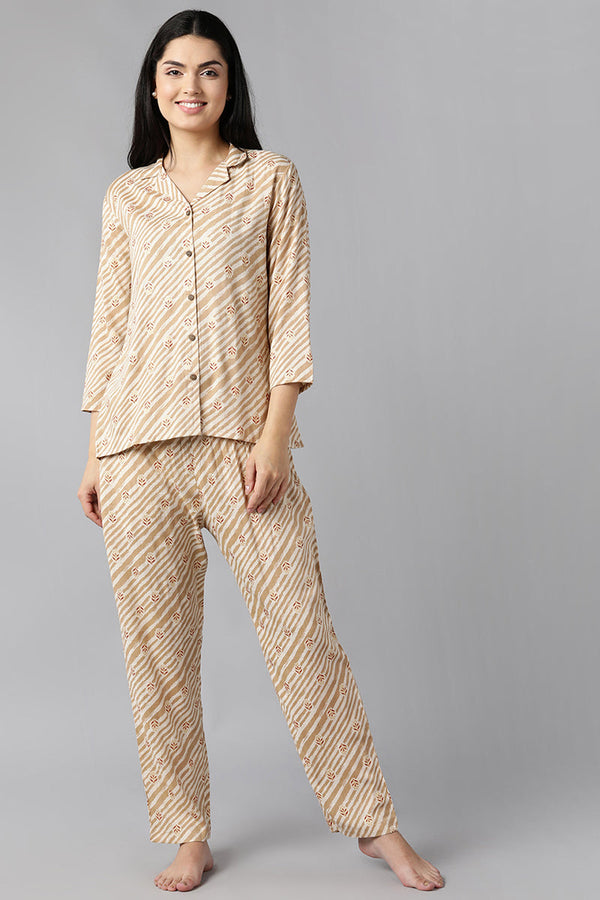 Beige Pure Cotton Ethnic Motifs Night Suit  | WomensfashionFun