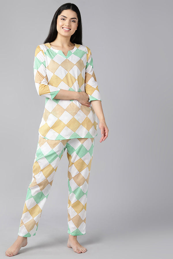 Multi Colour Pure Cotton Geometric Print Night Suit | WomensfashionFun.com