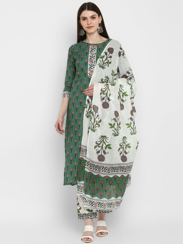 Women's Block Print Green Kurta & Pant With Dupatta set- (3pcs set) | WomensFashionFun
