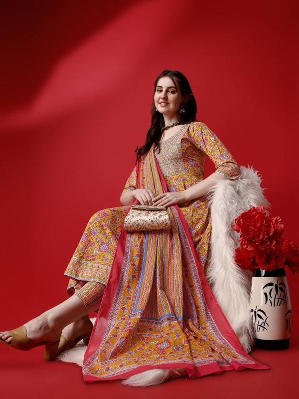 Women Cotton Blend Kurta, Pant And Dupatta Set | WomensFashionFun
