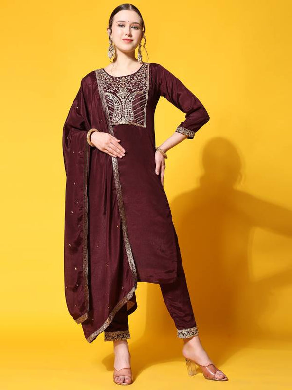 Ethnic Motifs Yoke Design Kurta With Trousers & Dupatta | WomensFashionFun